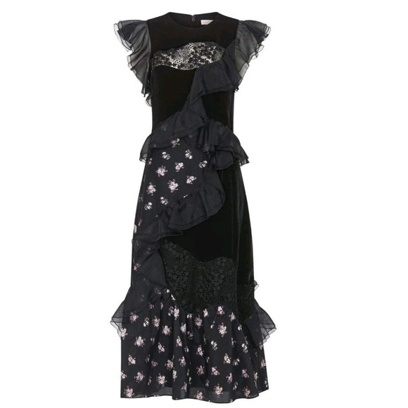 Rebecca Taylor Dresses & Skirts - Rebecca‎ Taylor Midi Dress Black Ruffle Jacquard Velvet Floral SZ 10 Retail $730